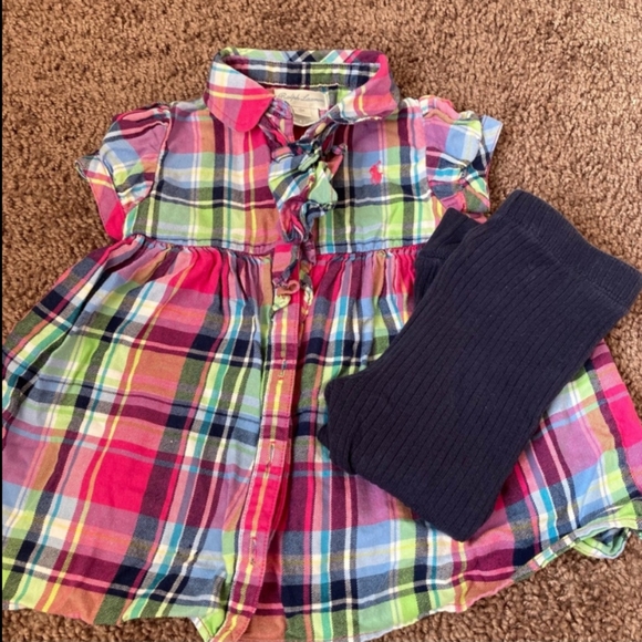 RALPH LAUREN Baby Outfit Plaid Top & Matching Leggings Size 12 Months Pink Blue - Picture 9 of 9